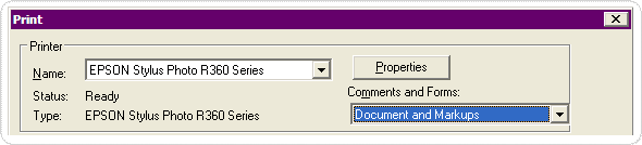 Screen capture of Documents and Markups option in Adobe Reader Print dialog